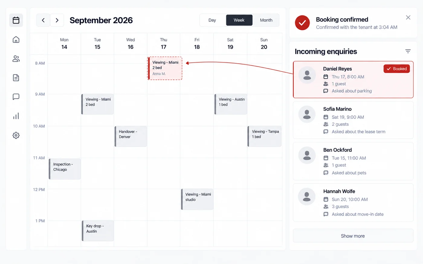 A week calendar where an incoming inquiry is placed into a free slot and confirmed.